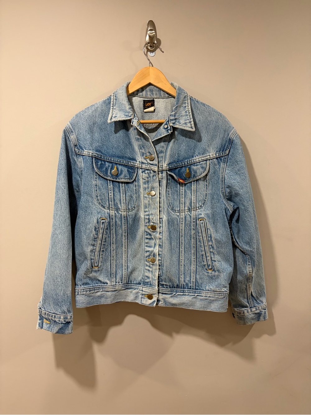 Vintage Lee Made in USA Denim Trucker Jacket Large 80s Stone Wash